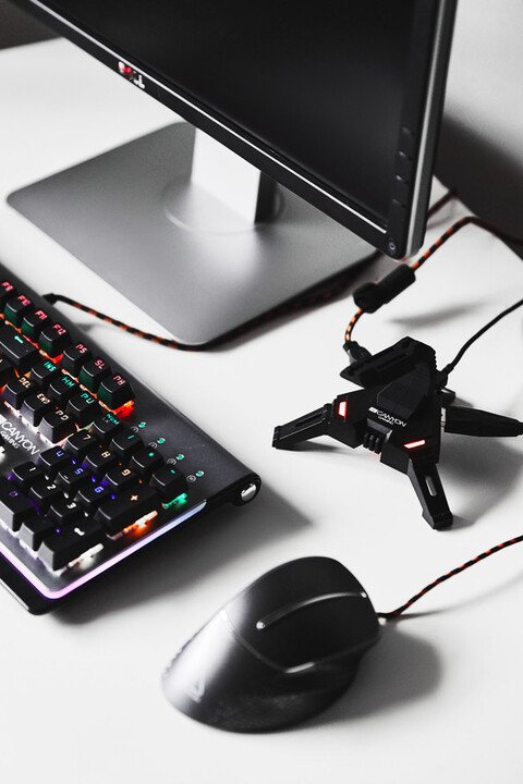 Mbajtëse kabllo për maus CANYON WH-100, 2in1, 4port USB hub, LED backlight, kabllo 1.5m, e zezë