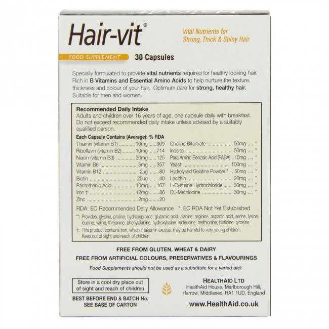 Kapsula Hair-vit (Vitamina për flokë të shëndetshme) nga HealthAid, 30 copë