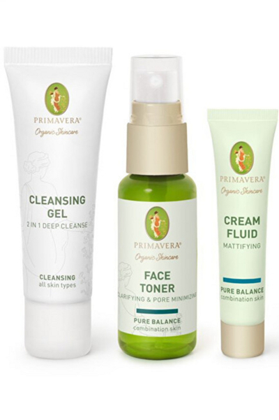 Set dhuratë Primavera Pure Balance, xhel pastrues 25 ml + toner fytyre 28 ml + lëng mat 8 ml
