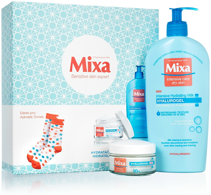 Set për fytyrë dhe trup Mixa Hyalurogel Moisturizing, qumësht trupi 400 ml + krem dite 50 ml + çorape