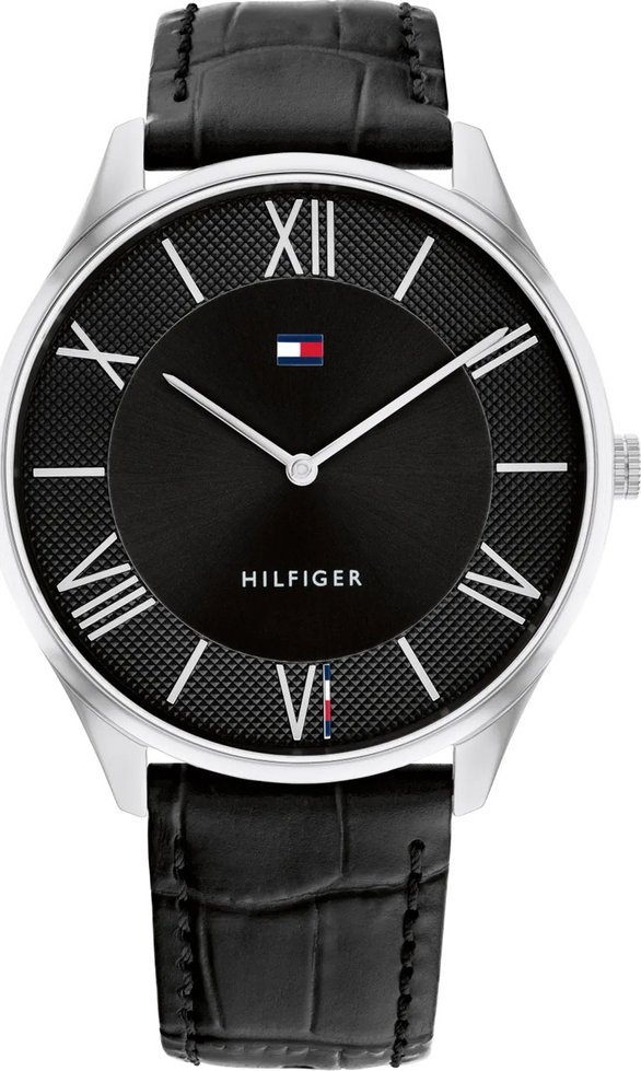 Orë dore meshkuj Tommy Hilfiger, 43mm, rrip lëkure, argjend e zezë