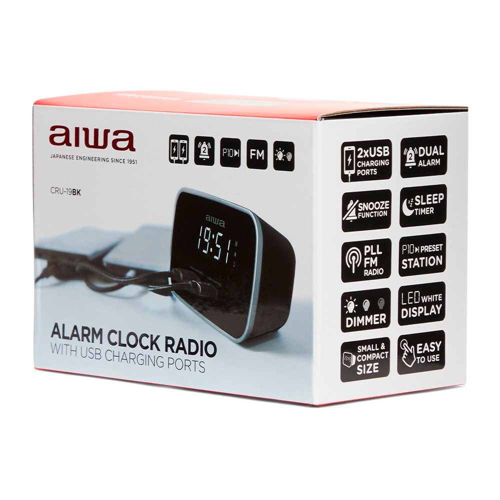 Orë Zgjuese me Radio FM, Dy Alarme dhe Mbushes USB AIWA CRU-19BK