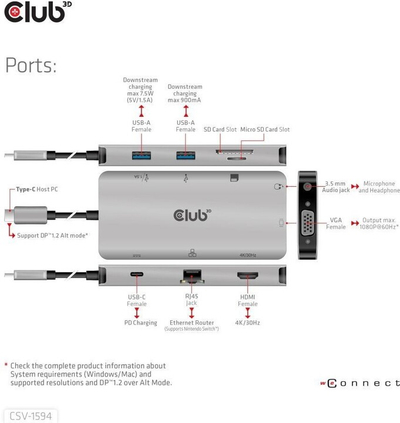 Club3D HUB USB-C 9v1, HDMI, VGA, 2x USB-A Gen1, RJ45, SD, PD 100W