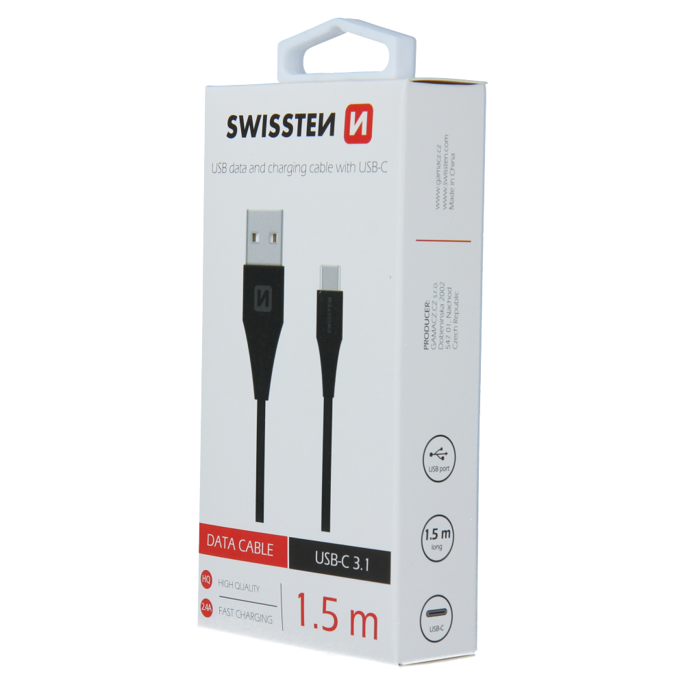 Kabllo Swissten USB-C 3.1, 1.5m, e zezë, 7mm