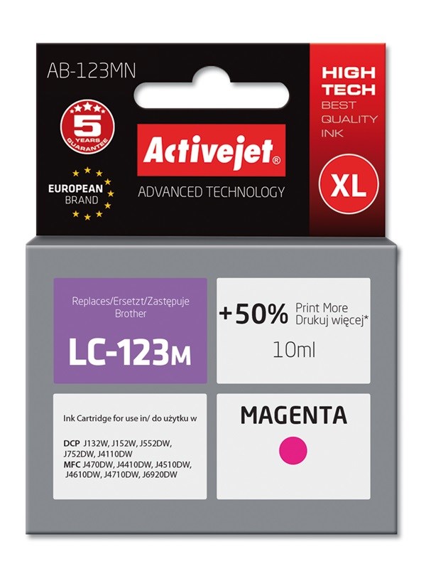 Ngjyrë për printer Activejet AB-123MN (zëvendësim për Brother LC123M/LC121M), 10 ml, vjollcë Ngjyrë për printer Activejet AB-123MN (zëvendësim për Brother LC123M/LC121M), 10 ml, vjollcë