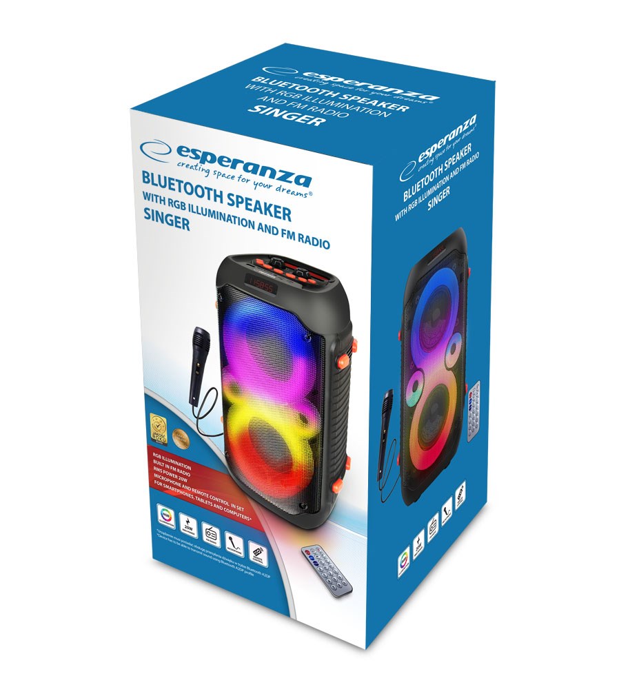 Комплет звучници и микрофон Esperanza EP156, Bluetooth, FM, RGB LED, 20W, црн