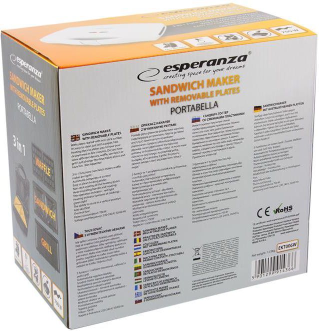 Toster Esperanza Portabella Muffuleta EKT006W, 700W, i bardhë