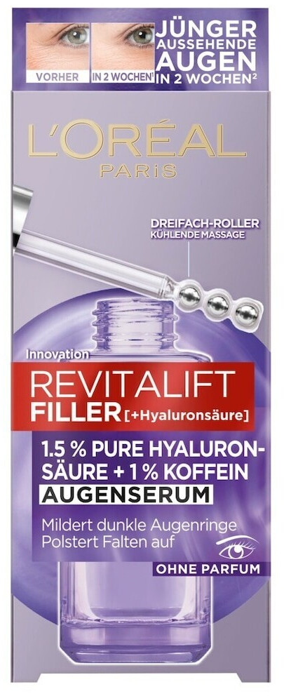 Serum antirrudhë Loreal Revitalift Filler 1,5% Pure Hyaluronsaure +1% Koffein, 20ml Serum antirrudhë Loreal Revitalift Filler 1,5% Pure Hyaluronsaure +1% Koffein, 20ml
