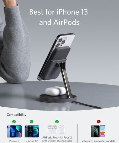 Karikues wireless Anker PowerWave Mag-Go Stand 2në1, me powerbank të lëvizshëm 5000mAh, i zi