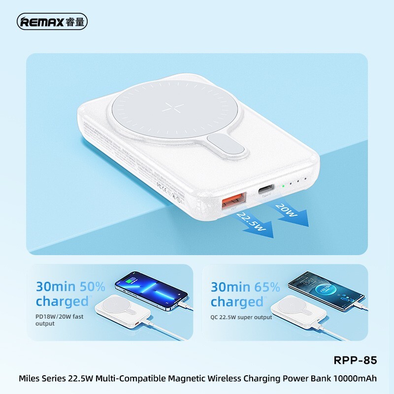 Power Bank Magnetik Remax RPP-85 22.5W, 10000 mAh, e bardhë