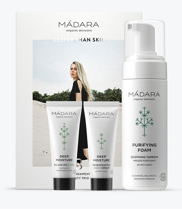 Set për lëkurë MÁDARA The Fundamental Beauty Trio - Shkumë pastruese 150 ml + Lëng hidratues 25 ml + Krem nate 25 ml Set për lëkurë MÁDARA The Fundamental Beauty Trio - Shkumë pastruese 150 ml + Lëng hidratues 25 ml + Krem nate 25 ml