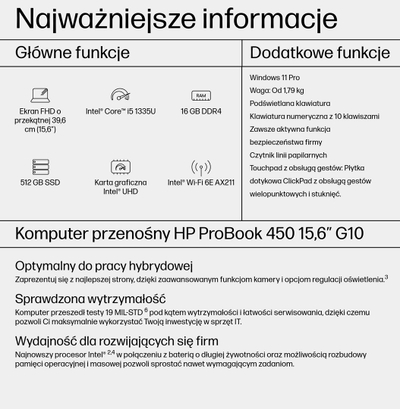 Laptop HP ProBook 450, 15.6", Intel i5-1335U, 16 GB RAM, 512 GB SSD, i argjendtë