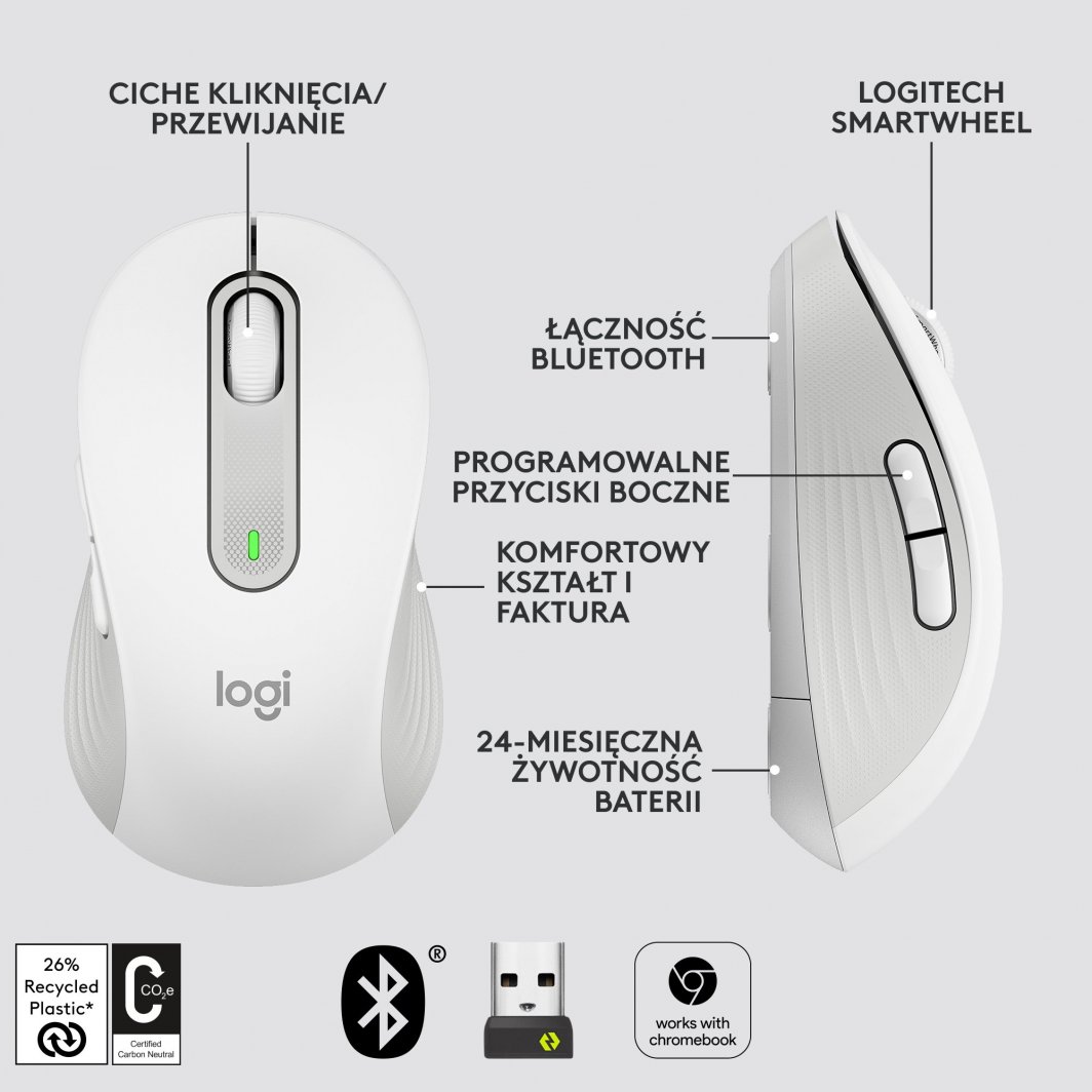 Maus Logitech M650, wireless, Bluetooth, USB, i bardhë dhe i hirt