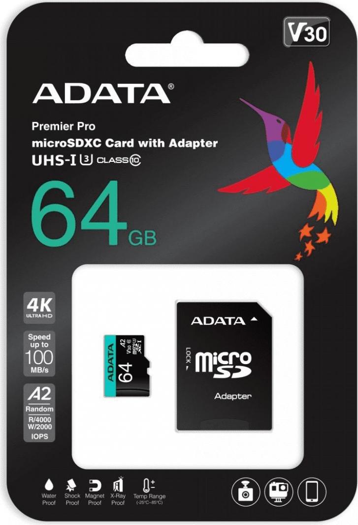 MicroSDXC Premier Pro 64GB UHS1 U3 V30 A2 + adapter (AUSDX64GUI3V30SA2-RA1)