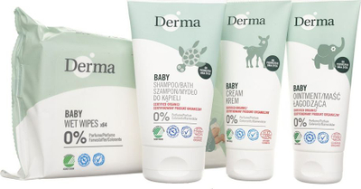 Set Derma Eco pomadë qetësuese për fëmijë 100 ml + krem kujdesi 100 ml + shampon/sapun dushi 150 ml + peceta të lagura 64 copë