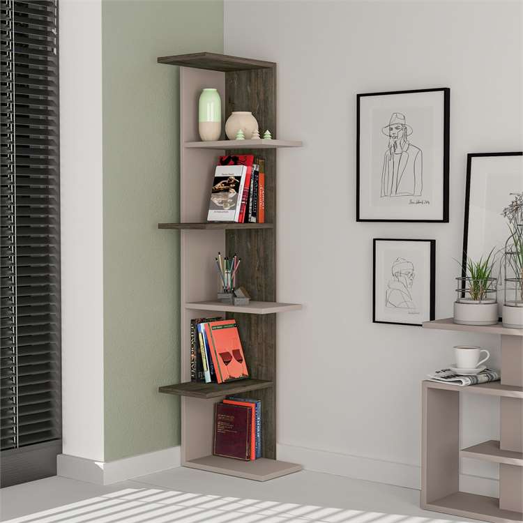 Raft këndor për libra Decortie (37 x 37 x 141 cm), kafe e errët / moka