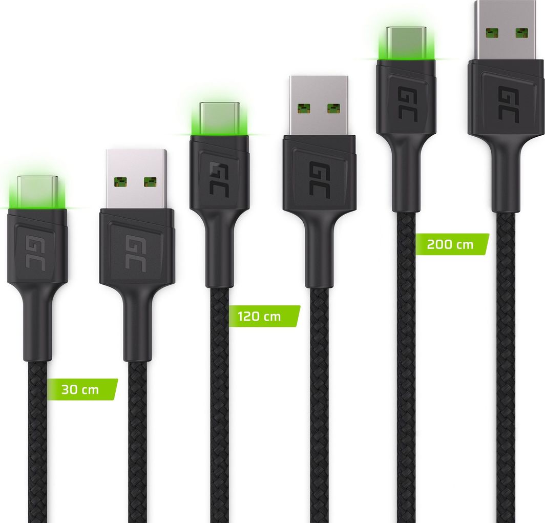 Set kabllosh USB Green Cell, USB-C, QC 3.0, 30cm, 120cm, 200cm