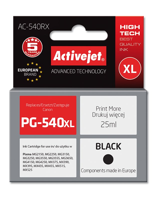 Ngjyrë për printer Activejet AC-540RX (zëvendësim për Canon PG-540XL), 25 ml, e zezë Ngjyrë për printer Activejet AC-540RX (zëvendësim për Canon PG-540XL), 25 ml, e zezë