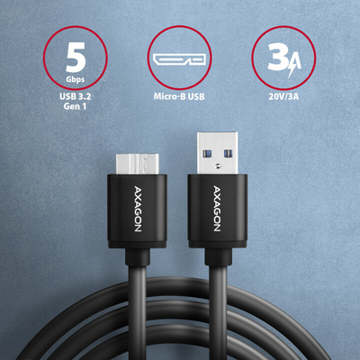 Kabllo AXAGON USB-A - micro USB 3.2 Gen 1 SPEED, 3A, 1m, e zezë