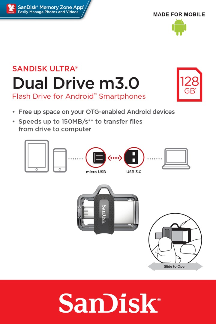 USB SanDisk Ultra Dual m3.0, 128 GB, USB Type-A / Micro-USB