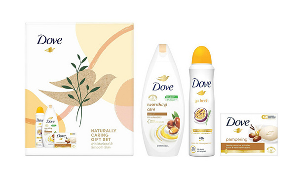 Set për trup Dove Naturally Caring, Xhel dushi 250 ml + Antiperspirant 150 ml + Sapun i ngurtë 100 gr